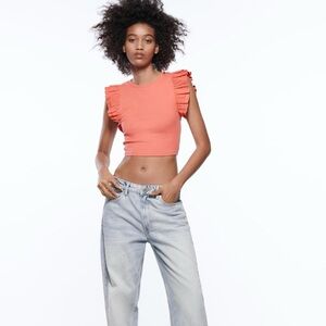 NWT ZARA CORAL RUFFLE SLEEVE TSHIRT